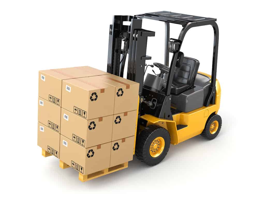 Forklift with boxes stacked on pallet on forks